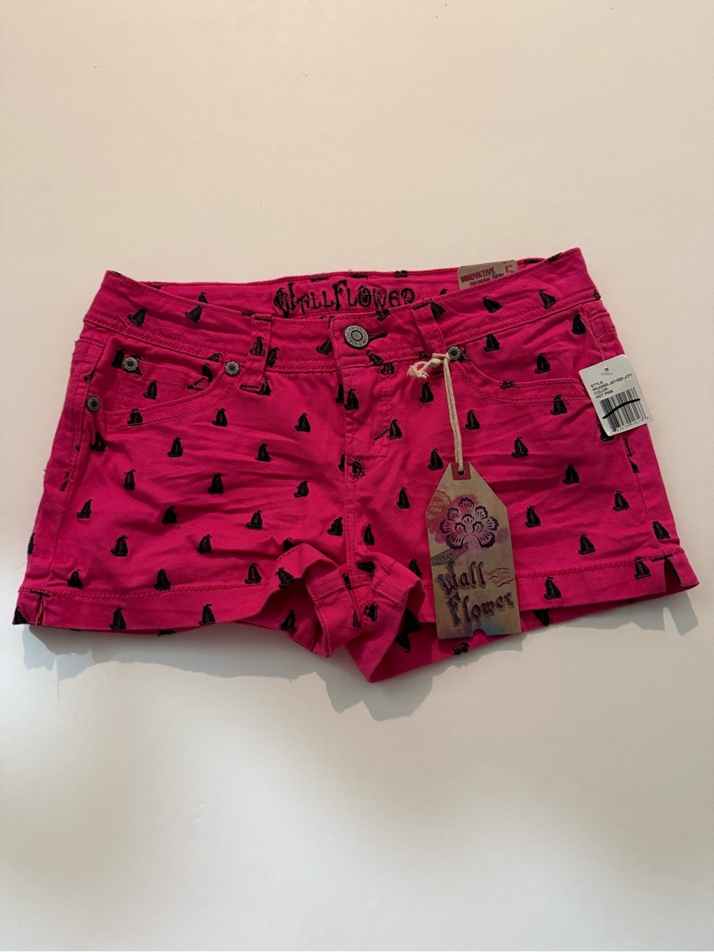 Wallflower Hot Pink Denim-Style Women's Shorts with Black Heart Print